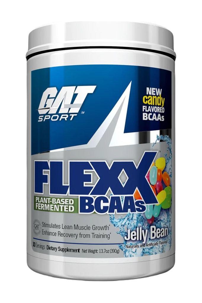GAT Flexx BCAAs jelly bean flavor, plant-based BCAA supplement for improved muscle recovery and performance.