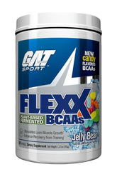GAT Flexx BCAAs jelly bean flavor, plant-based BCAA supplement for improved muscle recovery and performance.