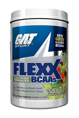 GAT Flexx BCAAs Sour Ball flavor, a plant-based fermented supplement for muscle recovery and performance.