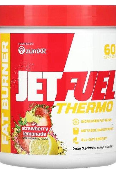 JetFuel Thermo fat burner supplement in strawberry lemonade flavor, promotes increased fat burn and metabolism support.