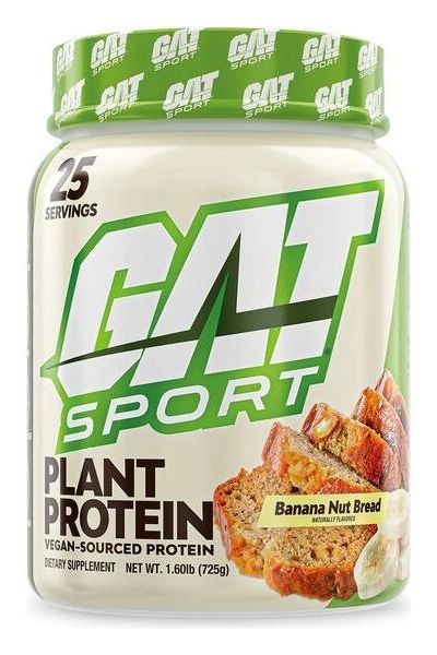GAT Plant Protein tub featuring banana nut bread flavor, vegan protein, 25 servings, non-GMO dietary supplement.
