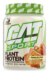 GAT Plant Protein tub featuring banana nut bread flavor, vegan protein, 25 servings, non-GMO dietary supplement.