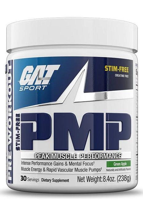 GAT PMP Stim-Free pre-workout supplement in green apple flavor for enhanced muscle performance and energy.