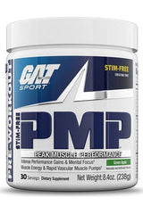 GAT PMP Stim-Free pre-workout supplement in green apple flavor for enhanced muscle performance and energy.