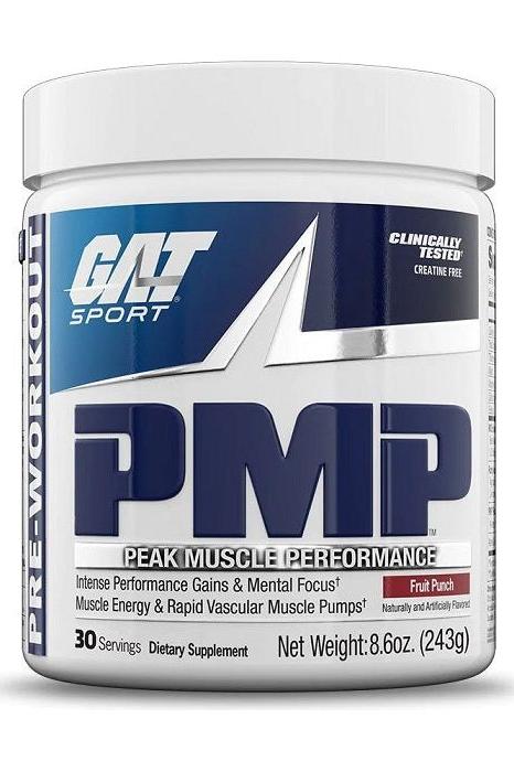 GAT - PMP pre-workout supplement, designed for peak muscle performance and energy with fruit punch flavor.