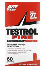 GAT Testrol Fire testosterone booster package featuring 60 capsules, promotes energy, strength, and thermogenic support.