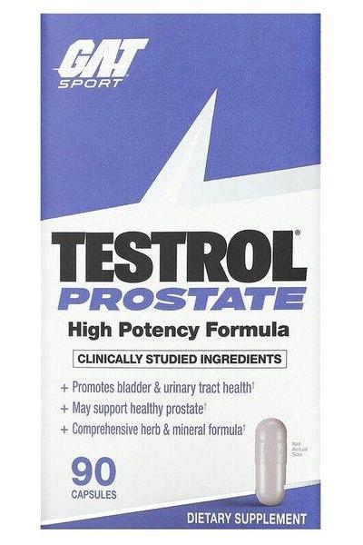 GAT Testrol Prostate dietary supplement box, 90 capsules, promotes bladder health and prostate support.