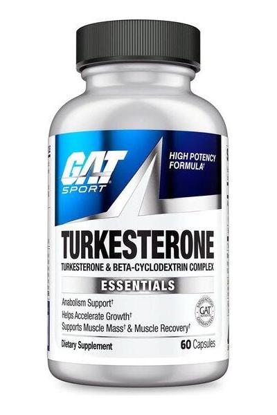 GAT Turkesterone supplement bottle featuring Turkesterone & Beta-Cyclodextrin Complex for muscle growth and recovery.
