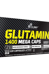 Olimp Glutamine Mega Caps 1400 dietary supplement box featuring 120 capsules in a super micronized formula.