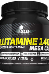 Olimp Glutamine Mega Caps supplement container featuring 300 capsules for muscle recovery and growth.
