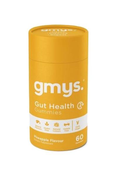 Gmys Gut Health Gummies in pineapple flavor, gluten-free and vegan, promoting digestive health.