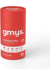 Gmys Immunity Gummies bottle in berry flavor, supports immune system health, gluten-free and natural ingredients.
