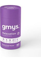 Gmys Relaxation Gummies in purple packaging, passion fruit flavor, promotes natural sleep and relaxation.