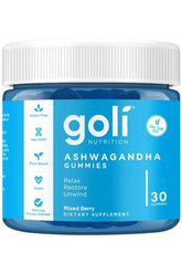 Goli Nutrition Ashwagandha KSM-66 Gummies in mixed berry flavor, promoting stress relief and relaxation. 30 gummies per bottle.