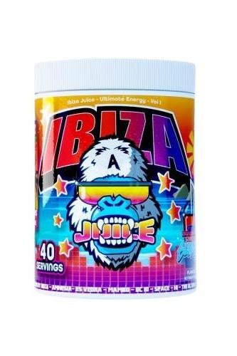 Gorillalpha Ibiza Juice Ultimate Energy Vol 1 energy supplement container with vibrant design and 40 servings.