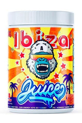 Ibiza Juice pre-workout supplement jar featuring vibrant design and gorilla mascot.