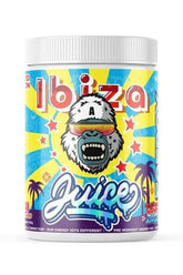 Gorillalpha Ibiza Juice pre-workout container with colorful design and tropical theme.