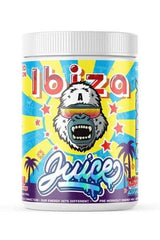 Gorillalpha Ibiza Juice pre-workout container with colorful design and tropical theme.