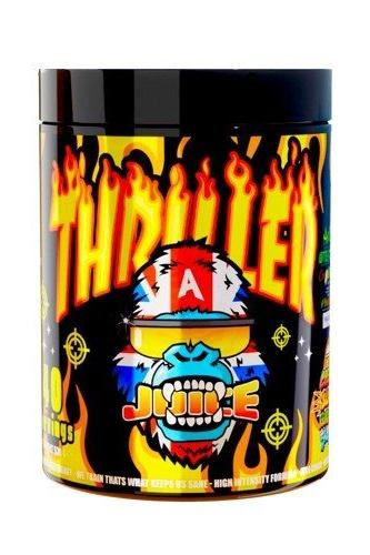 Gorillalpha Thriller Juice pre-workout supplement container featuring vibrant flames and bold graphics.