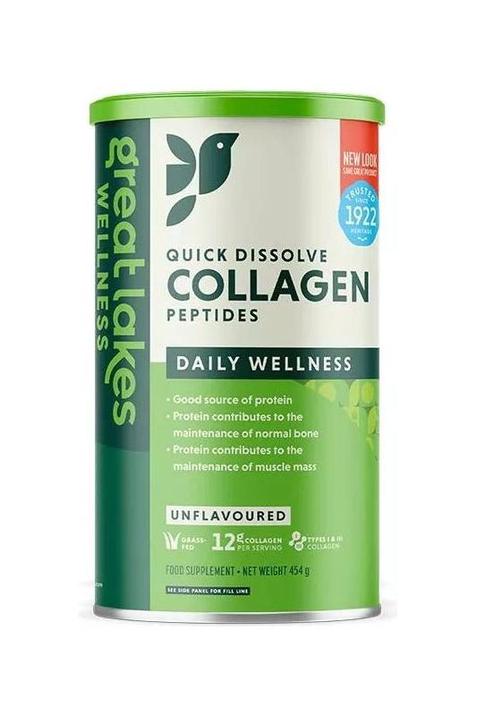 Great Lakes Wellness Quick Dissolve Collagen Peptides 454g, unflavored dietary supplement for healthier skin and joints.