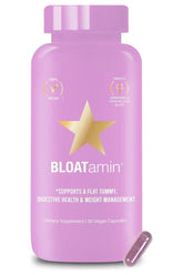 BLOATamin® product bottle for digestive health with vegan capsules promoting a flat tummy and weight management.
