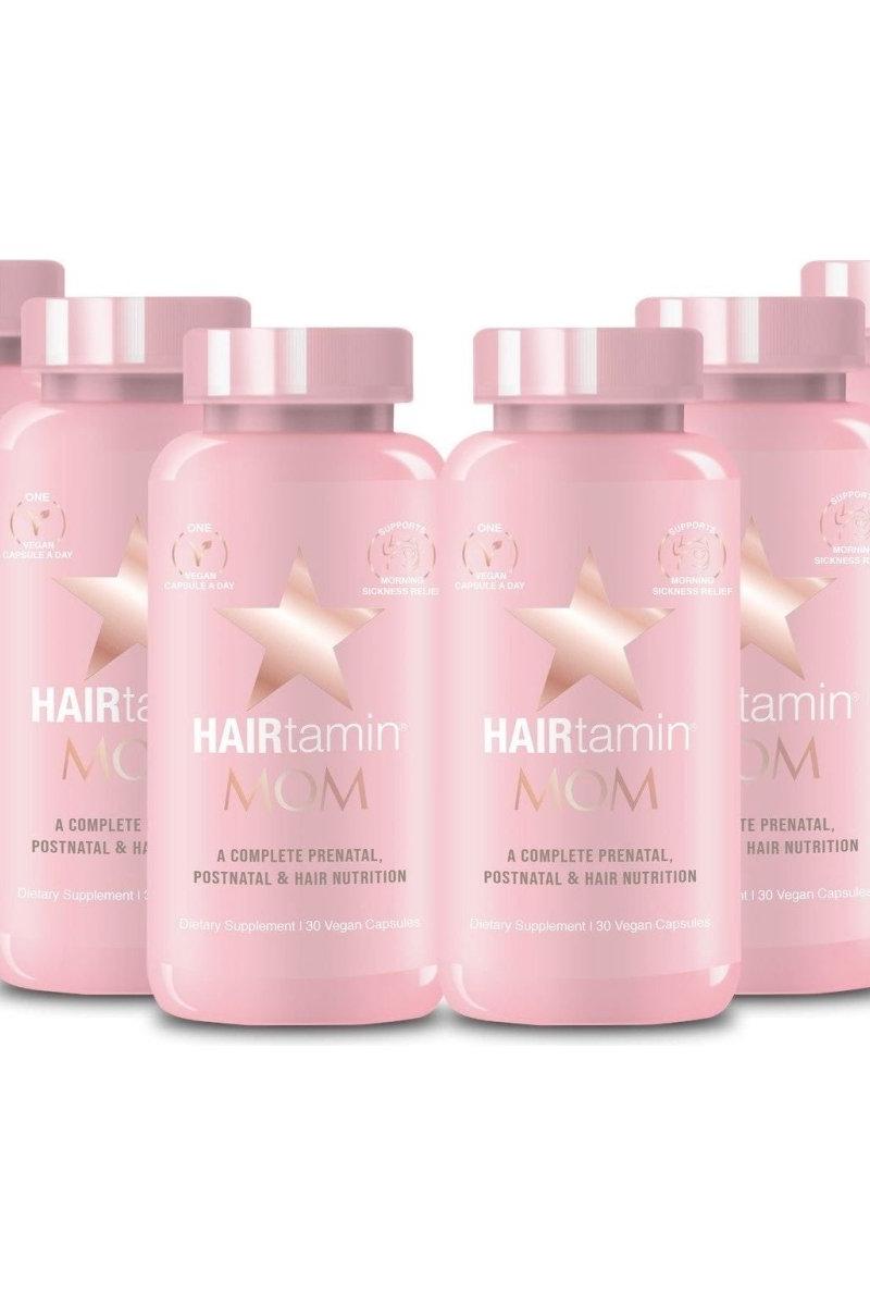 HAIRtamin MOM bottles showcasing vegan prenatal vitamins for healthy hair during pregnancy. HAIRtamin MOM bottles showcasing vegan prenatal vitamins for healthy hair during pregnancy.