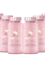 HAIRtamin MOM bottles showcasing vegan prenatal vitamins for healthy hair during pregnancy.