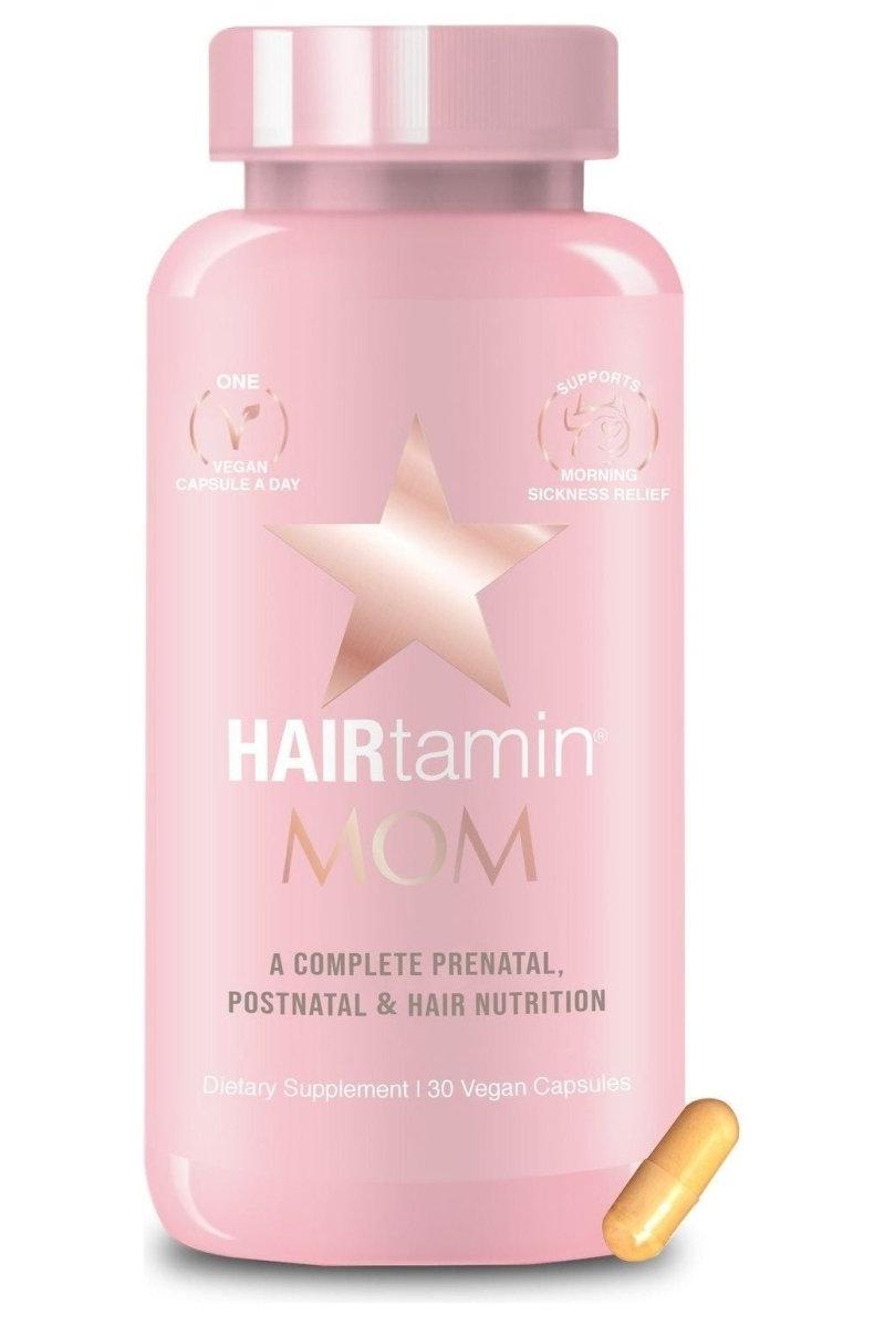 HAIRtamin Mom prenatal vitamin bottle, vegan hair and pregnancy nutrition with 30 capsules. HAIRtamin Mom prenatal vitamin bottle, vegan hair and pregnancy nutrition with 30 capsules.