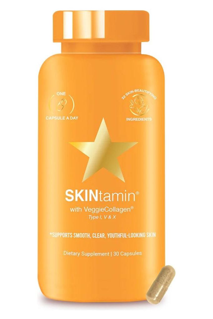 HAIRtamin SKINtamin dietary supplement bottle with VeggieCollagen for youthful skin and clear complexion.