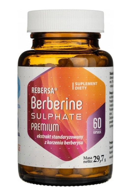 Hepatica Berberine Sulphate Premium supplement bottle, 400 mg, 60 capsules for urinary and emotional health.