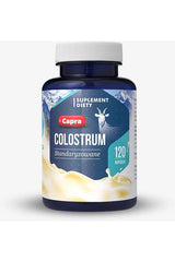 Capra Colostrum supplement bottle with 120 capsules, featuring dietary supplement label for colostrum products.