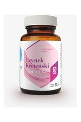 Hepatica Cretan Cistus De Lux dietary supplement bottle with 60 capsules, featuring pink and blue label.