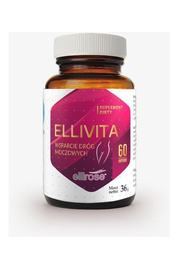 Ellivita dietary supplement bottle with 60 capsules for urinary support, rich in antioxidants from hibiscus and cranberry.