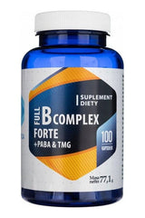 Hepatica Full B Complex Forte supplement bottle containing 100 capsules for energy and brain health.