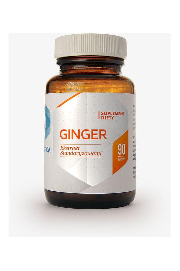 Hepatica Ginger supplement bottle with 90 capsules, supports digestion and joint health, suitable for vegans.