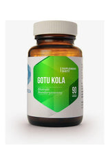 Hepatica Gotu Kola supplement bottle with 90 capsules, supports cognitive function, heart health, and collagen production.