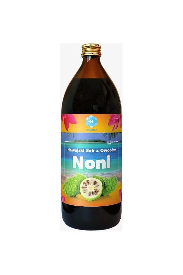Hepatica Hawaiian Noni Fruit Juice in a dark glass bottle, 1000 ml, for natural health benefits.