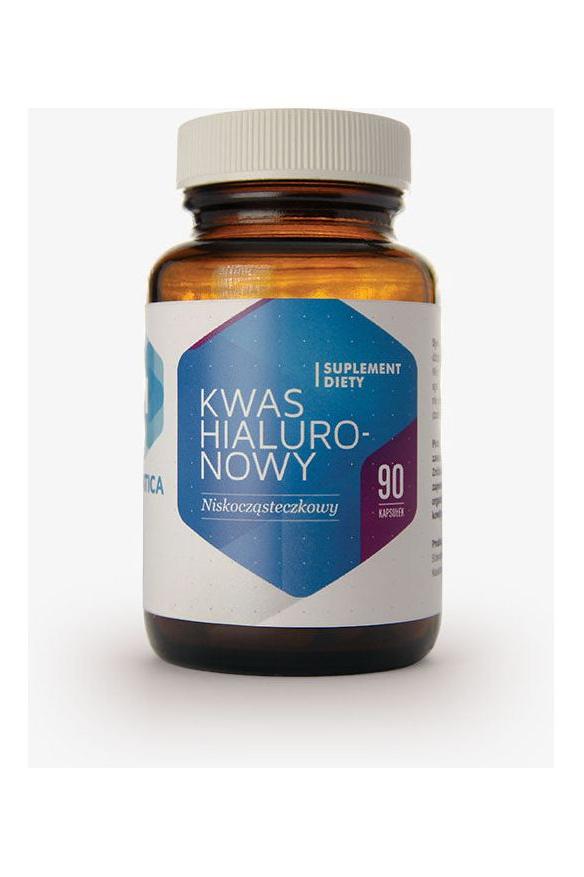 Hepatica Hyaluronic Acid supplement bottle with 90 capsules for skin hydration and moisture retention.