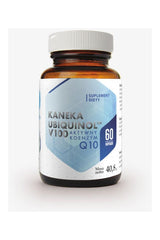 Kaneka Ubiquinol V100 Coenzyme Q10 supplement bottle, 60 capsules for energy support and antioxidant benefits.