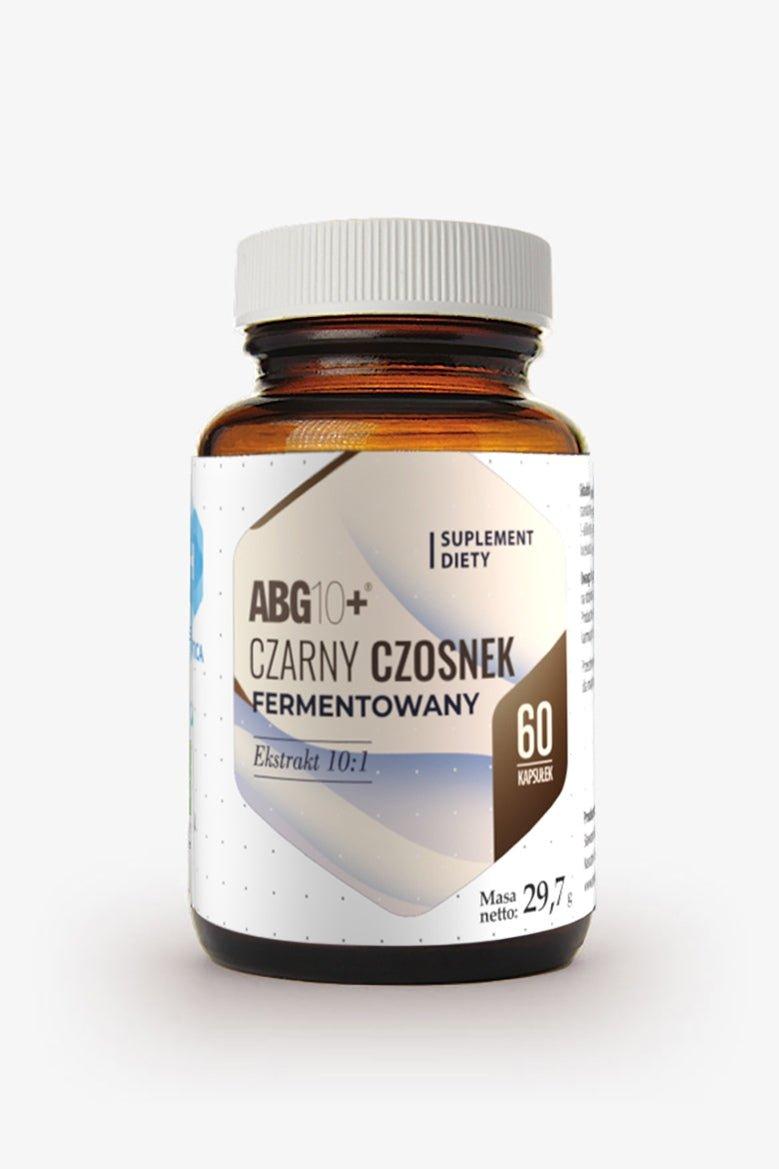 ABG10+ Fermenterad svart vitlök kosttillskott med 60 kapslar för bättre hälsa och antioxidantstöd.