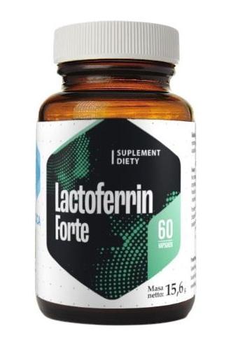 Hepatica Lactoferrin Forte supplement bottle, 200 mg, 60 capsules, promotes immune health and gut support.