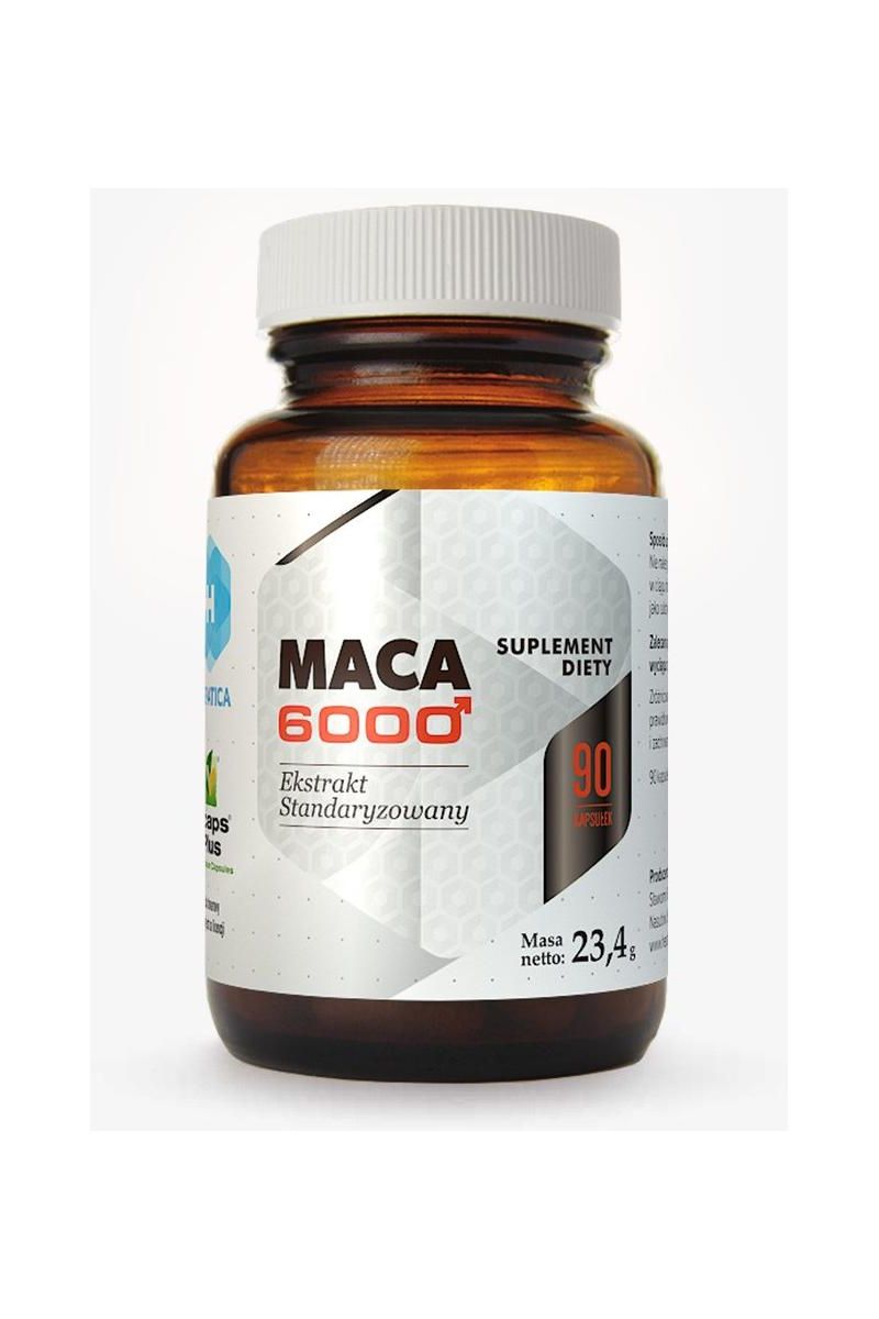 Hepatica Maca 6000 supplement bottle with 90 capsules for energy and sexual function support.