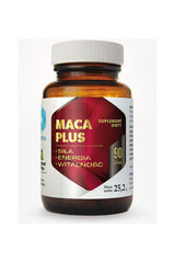 Hepatica Maca Plus supplement bottle with 90 capsules, supports energy and vitality with adaptogens.