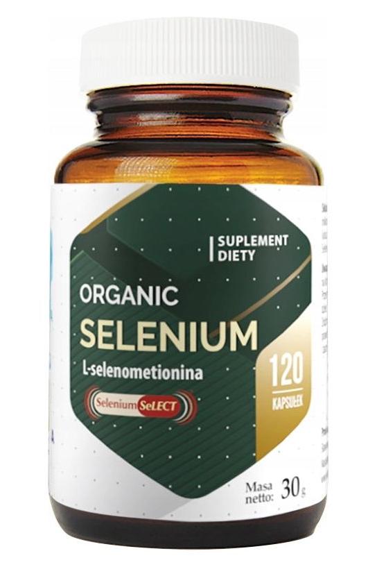 Hepatica Organic Selenium dietary supplement bottle with 120 capsules, featuring L-Selenometionin for optimal health.