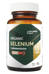 Hepatica Organic Selenium dietary supplement bottle with 120 capsules, featuring L-Selenometionin for optimal health.