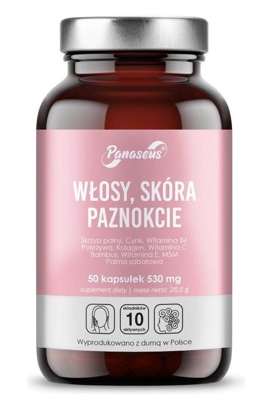 Panaseus supplement for hair, skin, and nails in a 50-cap bottle with pink label design.