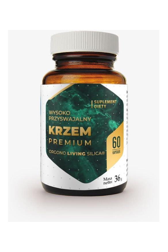 Hepatica Premium Silica supplement bottle, 60 capsules, promoting healthy skin, hair, and nails.