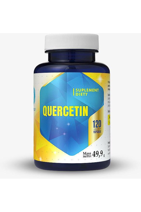 Hepatica Quercetin supplement bottle with 120 capsules, featuring a vibrant blue and yellow design.