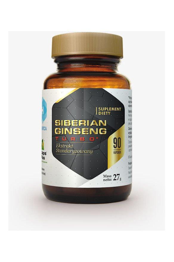 Hepatica Siberian Ginseng Turbo supplement bottle with 90 capsules for immune support and energy boost.