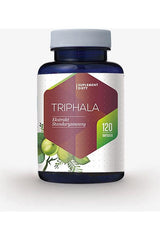 Hepatica Triphala supplement bottle with 120 capsules for digestion and wellness, featuring traditional Ayurvedic herbs.